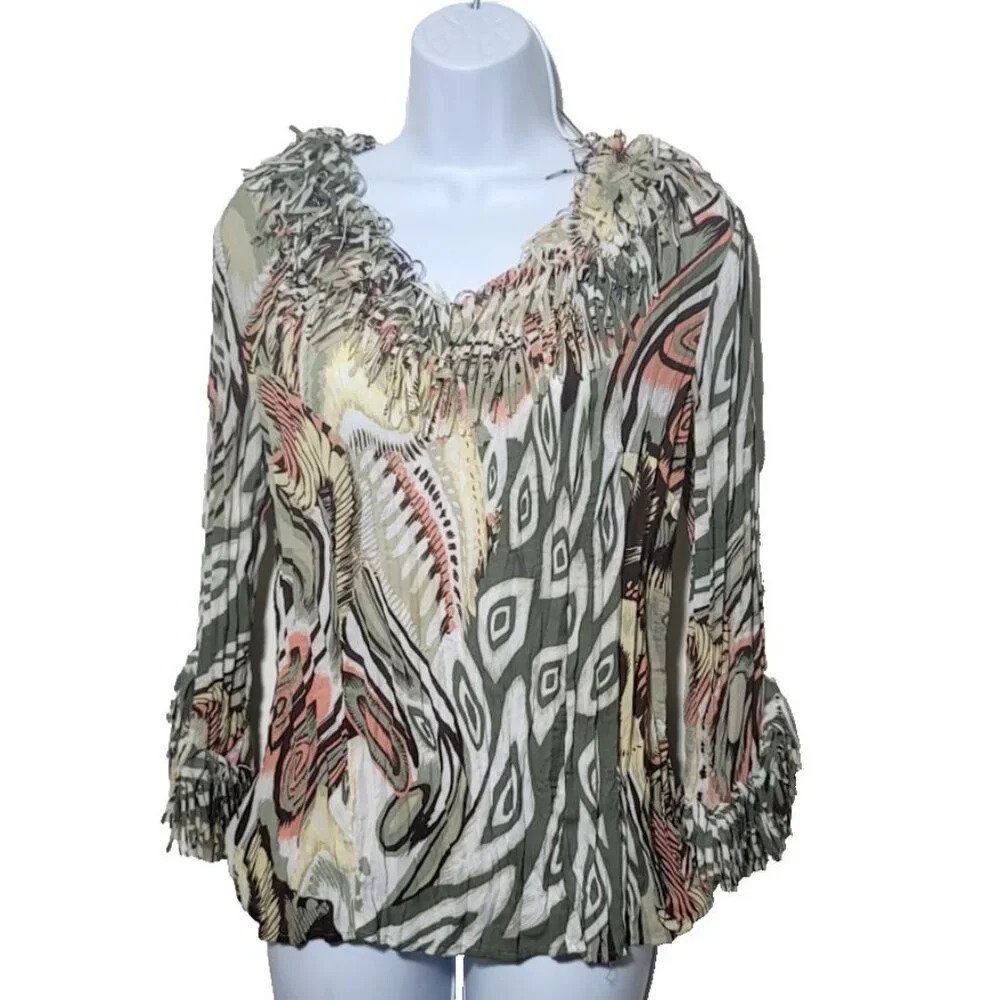 Dressbarn Blouse S Fringe Geometric Crinkle Artsy Funky Fun Retro Long Sleeve